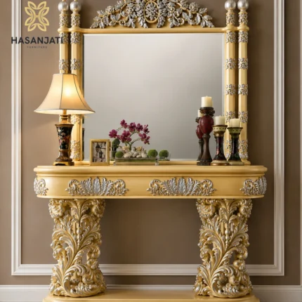 Set meja konsol mewah Scappini traditional style warna champagne dengan cermin dinding besar hiasan ruang tamu klasik