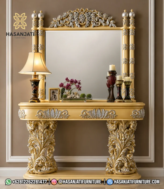 Set meja konsol mewah Scappini traditional style warna champagne dengan cermin dinding besar hiasan ruang tamu klasik