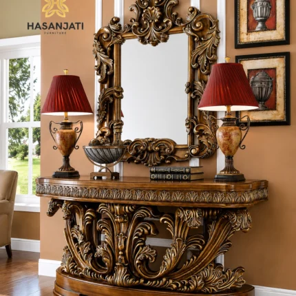 Tampilan sudut serong set meja konsol mewah Seraphine antique gold untuk dekorasi foyer rumah klasik.