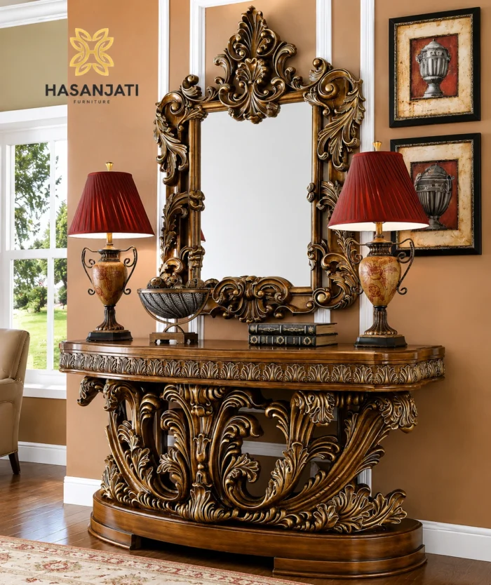 Tampilan sudut serong set meja konsol mewah Seraphine antique gold untuk dekorasi foyer rumah klasik.