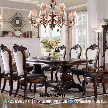 Set Meja Makan Jati Solid Klasik Mewah Bella Style Formasi 8 Kursi