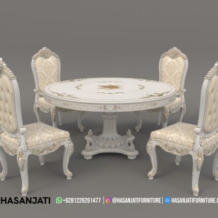 Set Meja Makan Klasik Ivory Gold Ukiran Jepara Formasi 4 Kursi Bundar
