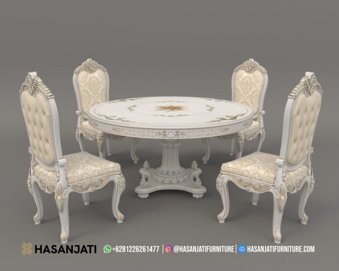Set Meja Makan Klasik Ivory Gold Ukiran Jepara Formasi 4 Kursi Bundar