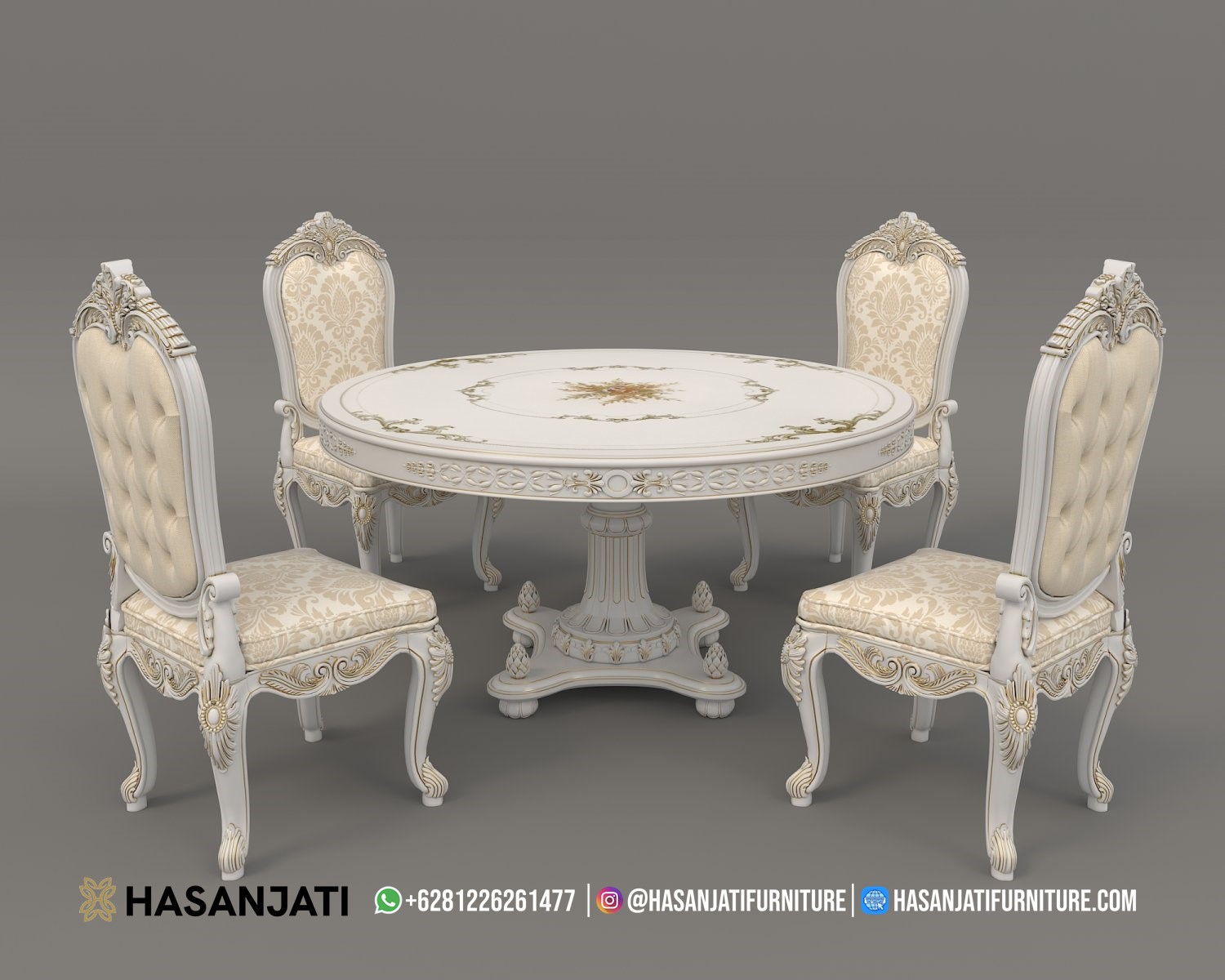 Set meja makan mewah klasik ukiran Jepara warna cream