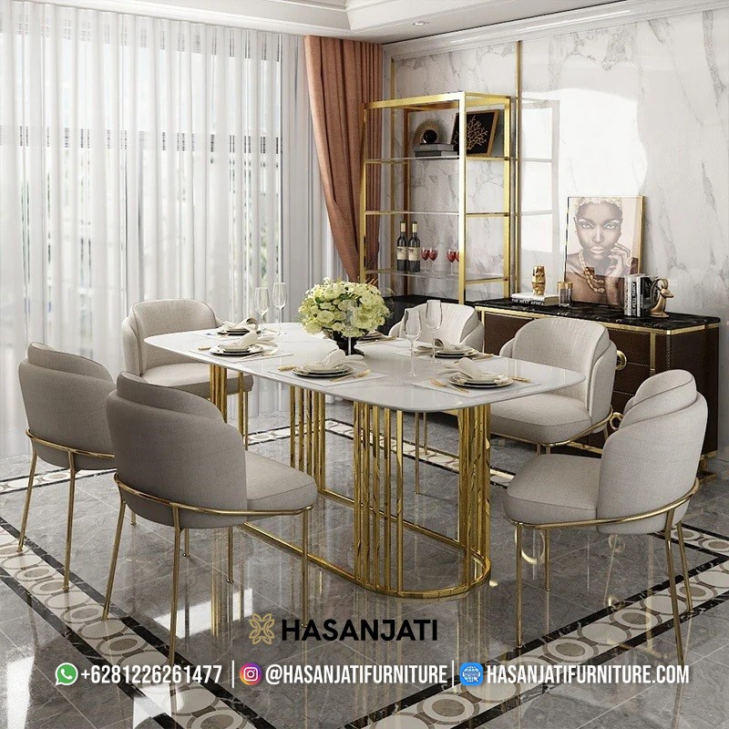 Set Meja Makan Mewah Modern dengan Top Marmer Putih dan Kaki Stainless Gold