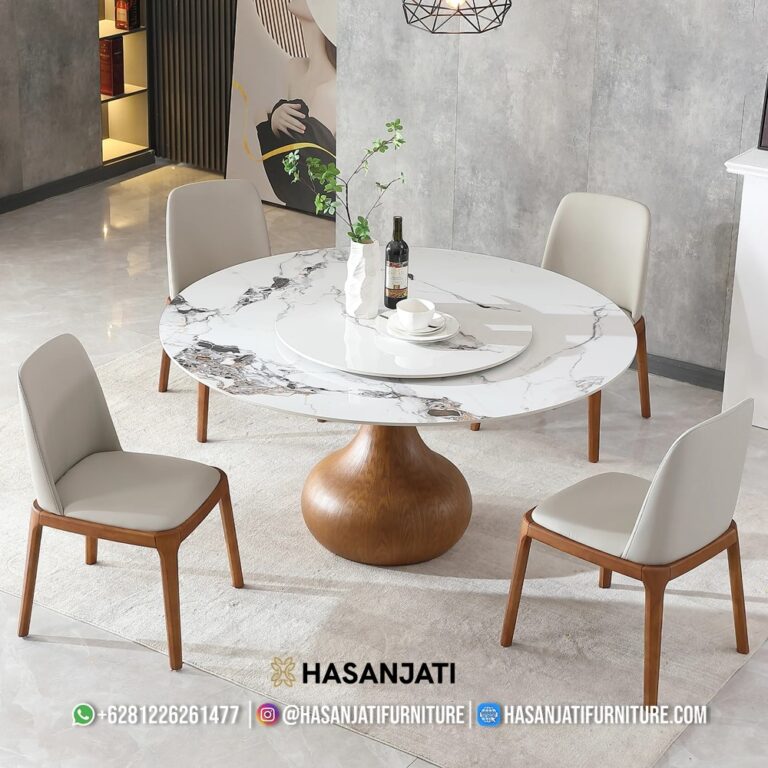 Set Meja Makan Marmer Minimalis Mewah Bundar Formasi 4 Kursi