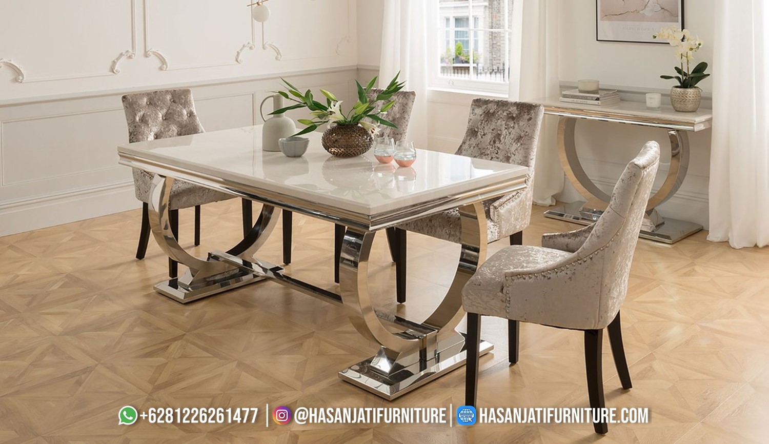 Set Meja Makan Mewah Modern dengan Top Marmer Putih dan Kaki Stainless