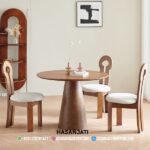 Set Meja Makan Jati Minimalis Modern Bundar Monolith Formasi 4 Kursi