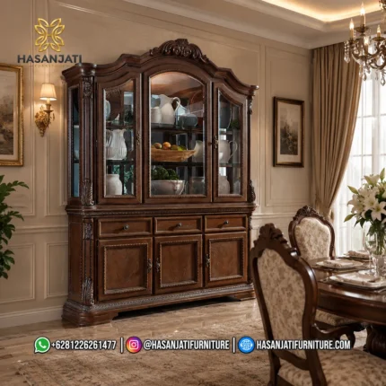 Penempatan lemari hias mewah seri Charmond di samping set meja makan kayu dan kursi berlapis kain bermotif bunga dalam interior ruang makan formal.