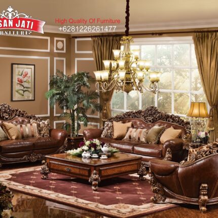 Set Sofa Tamu Jati Klasik Mewah Royal Leather Ukiran Gold Leaf