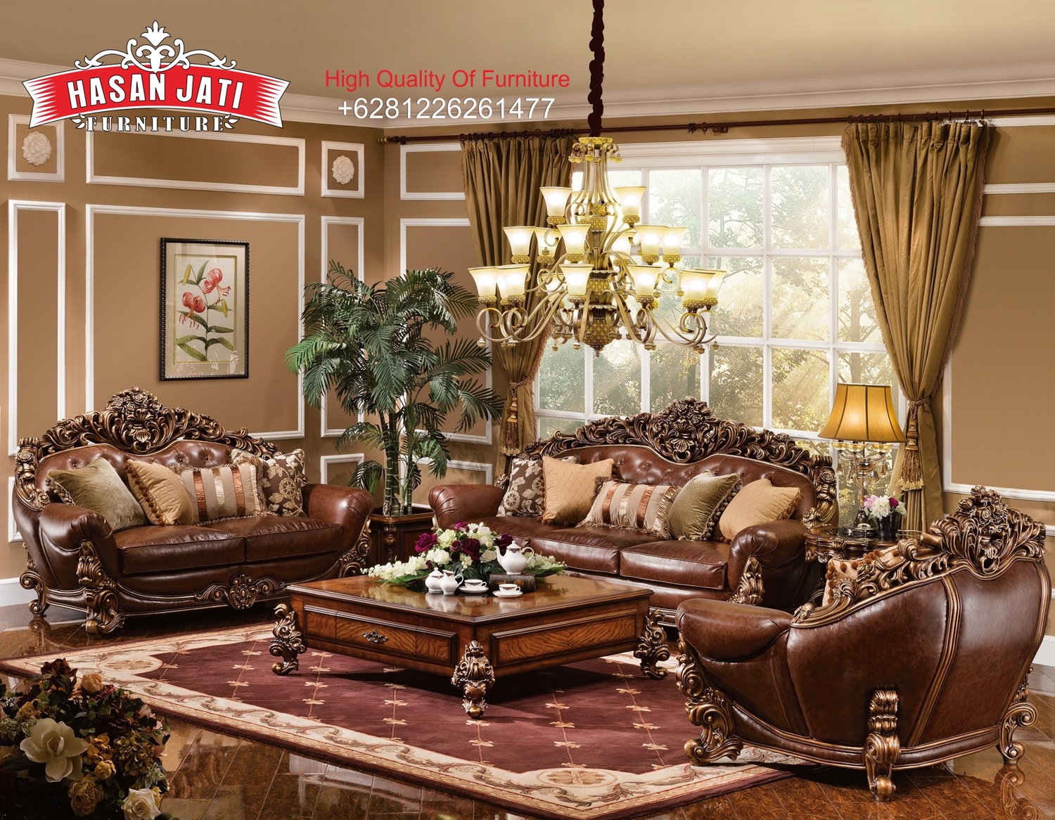 set sofa tamu klasik mewah 3 2 1 ukiran warna coklat elegan desain luxury ruang tamu