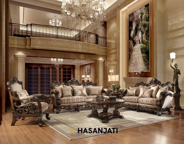 Set sofa tamu mewah gaya Victorian ukiran Jepara warna coklat elegan di ruang tamu klasik mewah