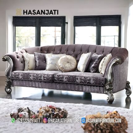 Sofa Panjang 3 Dudukan Warna Abu Beludru Set Sofa Mewah