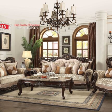 Set Sofa Tamu Jati Klasik Mewah Victoria Style Warna Beige Cokelat