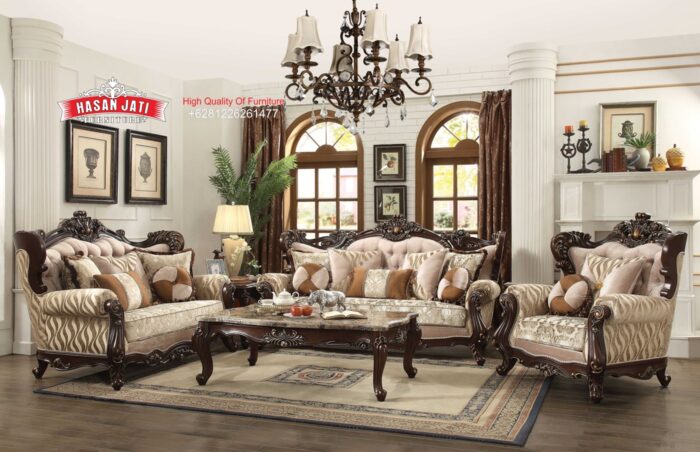 Set Sofa Tamu Jati Klasik Mewah Victoria Style Warna Beige Cokelat