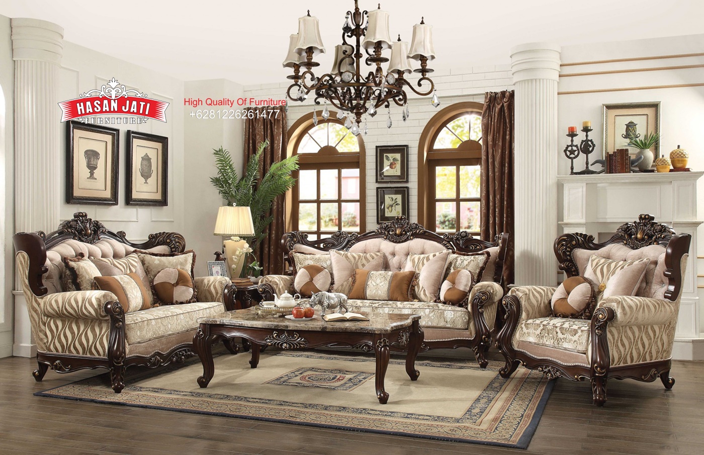 set sofa tamu klasik antik 3 2 1 ukiran warna coklat tua desain vintage elegan