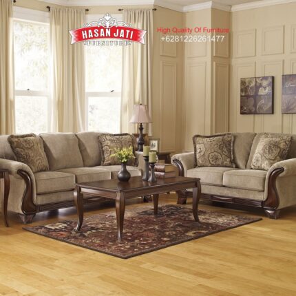 Set Sofa Tamu Jati Klasik Mewah American Style Warna Barley Khaki