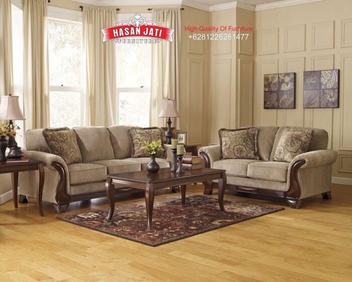 Set Sofa Tamu Jati Klasik Mewah American Style Warna Barley Khaki