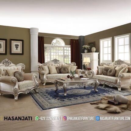 Set Sofa Tamu Klasik Mewah Warna Silver Champagne Gaya Eropa
