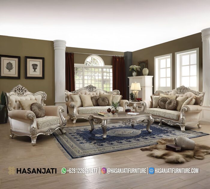 Set Sofa Tamu Klasik Mewah Warna Silver Champagne Gaya Eropa
