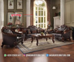 Set Sofa Tamu Jati Klasik Mewah Kulit Cokelat Tua Formasi 3-2-1