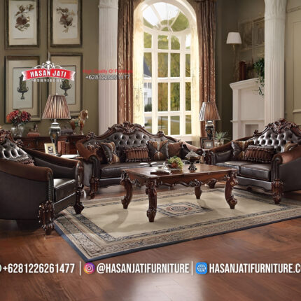 Set Sofa Tamu Jati Klasik Mewah Kulit Cokelat Tua Formasi 3-2-1