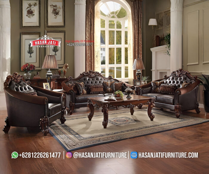 Set Sofa Tamu Jati Klasik Mewah Kulit Cokelat Tua Formasi 3-2-1