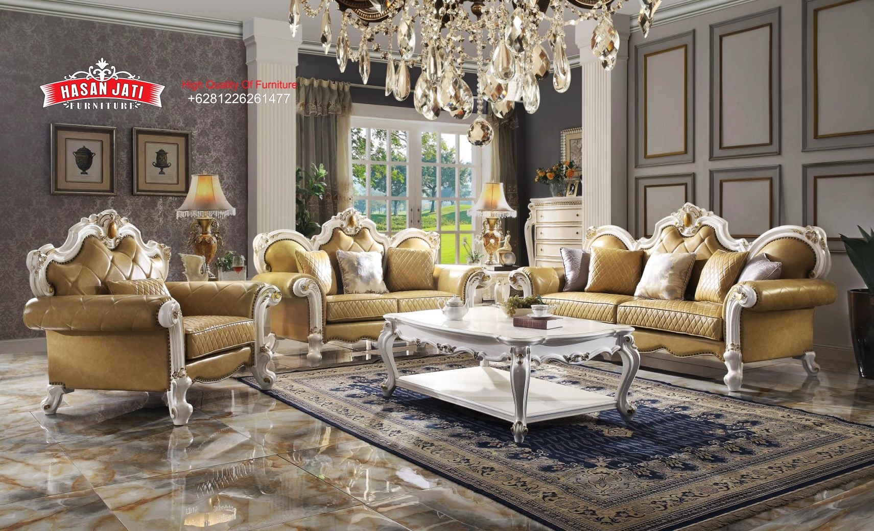 Sofa tamu klasik ukiran mewah model Acme Picardy dari kayu jati Jepara dengan desain elegan