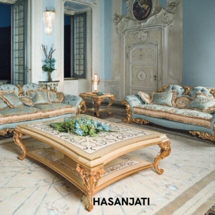 Sofa tamu mewah ukiran jepara warna biru emas