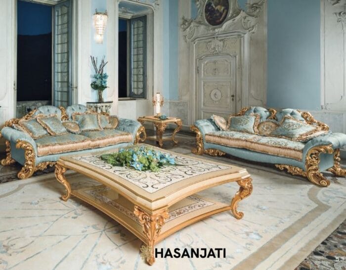 Sofa tamu mewah ukiran jepara warna biru emas