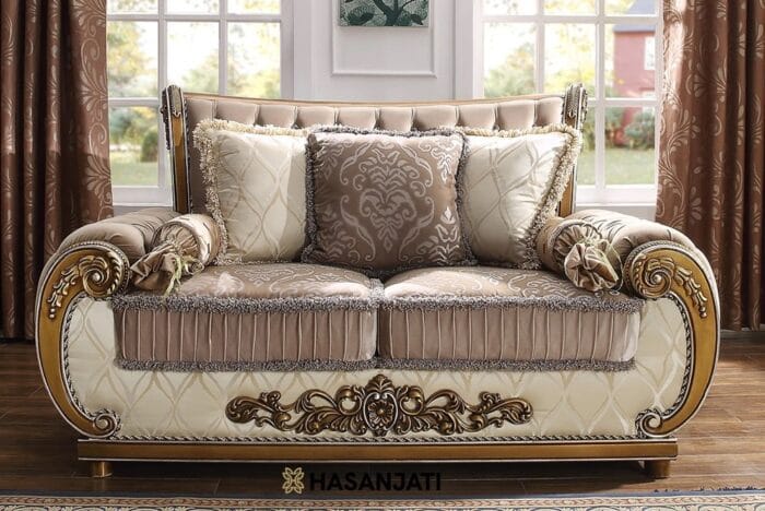 Sofa Tamu Mewah Ukiran Jepara Warna Gold 2 seater