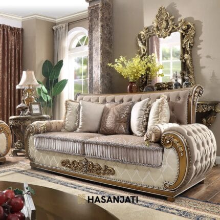 Sofa Tamu Mewah Ukiran Jepara Warna Gold 3 seater