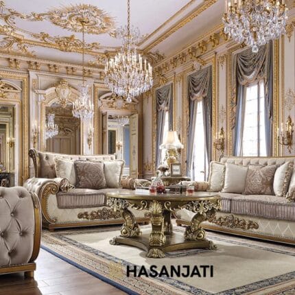 Sofa tamu mewah ukiran Jepara warna gold elegan bergaya klasik