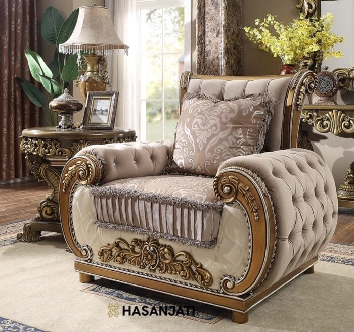 Sofa Tamu Mewah Ukiran Jepara Warna Gold Single