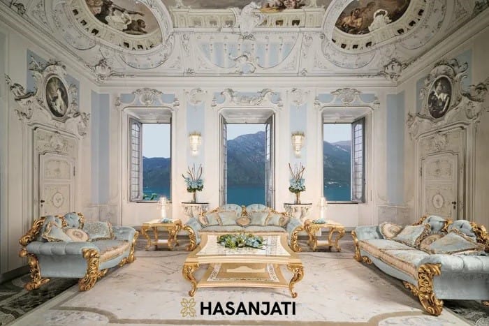 Sofa tamu mewah ukiran Jepara warna biru emas full set