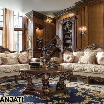 Set sofa tamu mewah Victorian Santorini ukiran Jepara lengkap