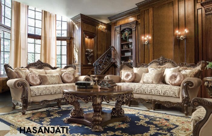 Set sofa tamu mewah Victorian Santorini ukiran Jepara lengkap
