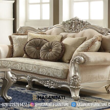 Sofa Panjang 3 Seater Warna Silver Champagne Klasik